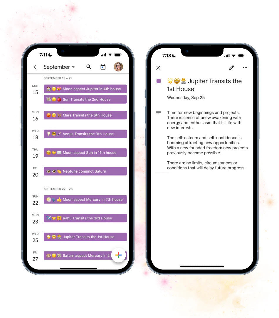 Two smartphones displaying the Galactic Planner calendar with a color-coded monthly view and a detailed daily astrological event view.